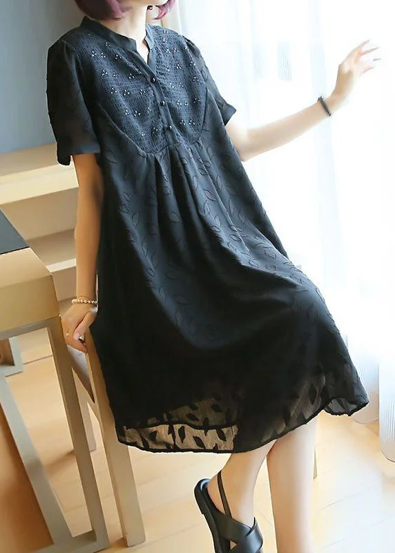 Plus Size Black Stand Collar Patchwork Jacquard Chiffon Maxi Dresses Summer Comfortable Ruffle Hem Maxi Dress Plus Size Black Stand Collar Patchwork Jacquard Chiffon Maxi Dresses Summer Comfortable Ruffle Hem Maxi Dress
