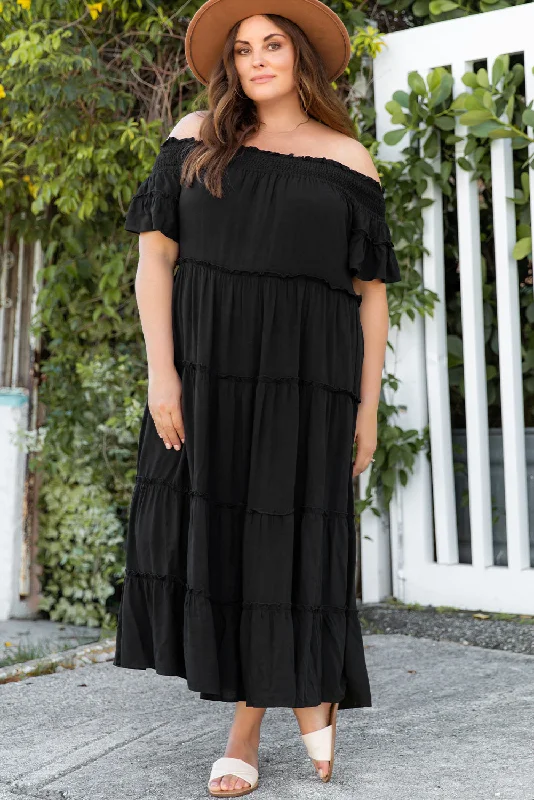 Plus Size Off-Shoulder Ruffle Trim Maxi Dress Chic Boho Print Maxi Dress
