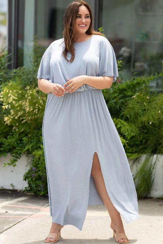 Plus Size Round Neck Split Flutter Sleeve Maxi Dress Comfortable Flowy Maxi Dress
