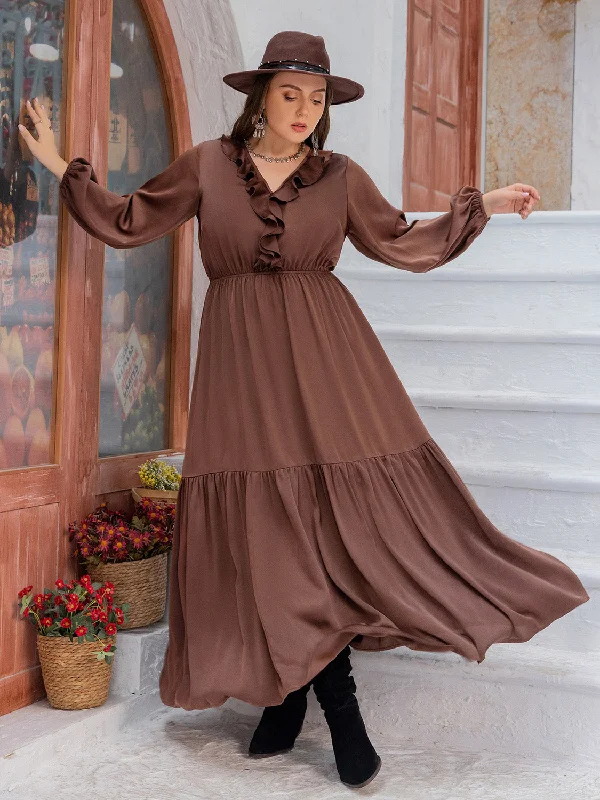 Plus Size V-Neck Ruffle Trim Maxi Dress Fashionable High-Low Maxi Dress