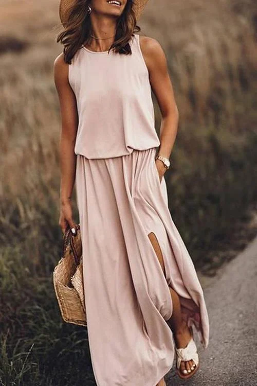 Pockets O Neck Sleeveless Slit Maxi Dress Elegant Maxi Dress with Belt
