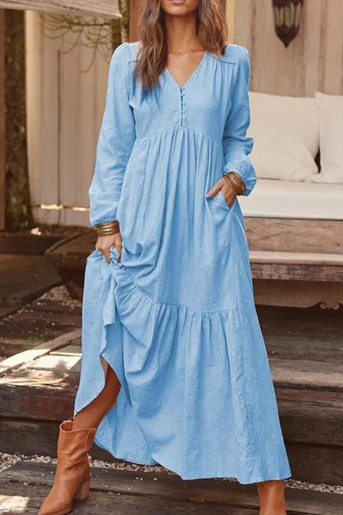 Pockets V Neck Long Sleeeve Maxi Dress Stylish Button-Up Maxi Dress