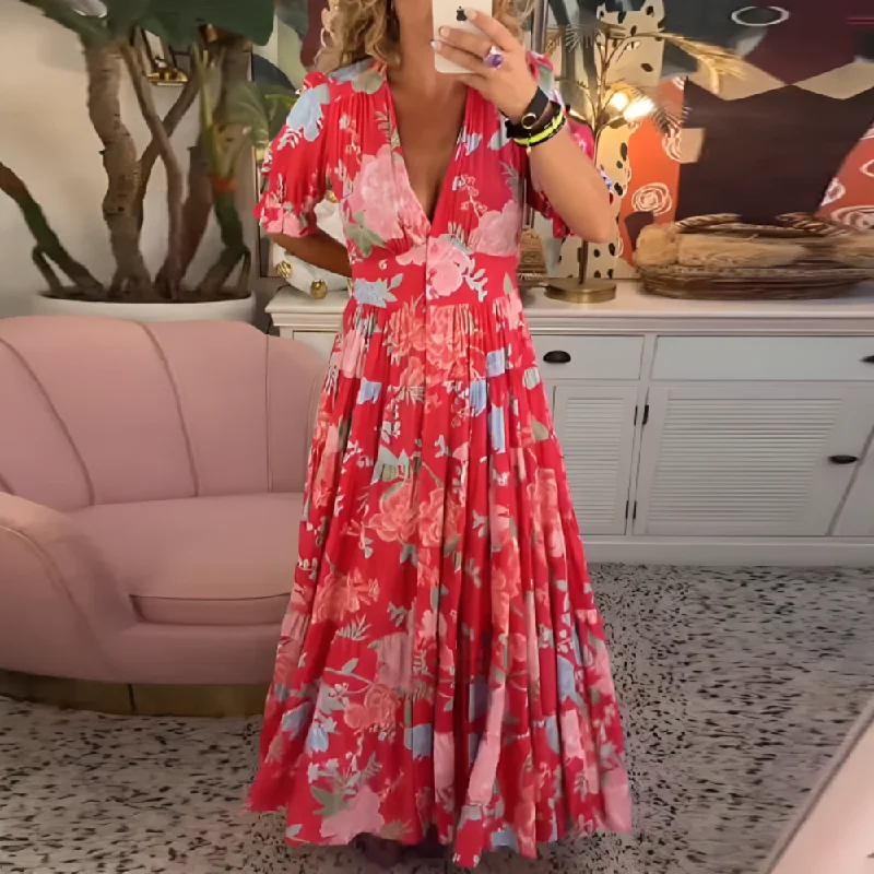 Popular Short Sleeve Print Maxi Dress Fashionable Button-Down Maxi Dress