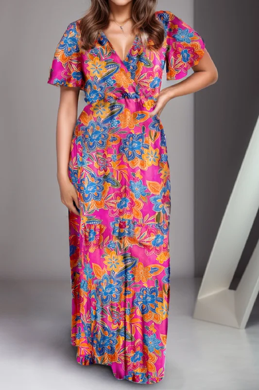 Printed Surplice Short Sleeve Maxi Dress Cozy Maxi Dress with Slit