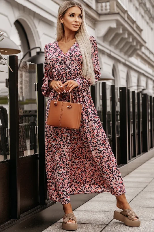 Printed V-Neck Long Sleeve Maxi Dress Cozy Longline Maxi Dress