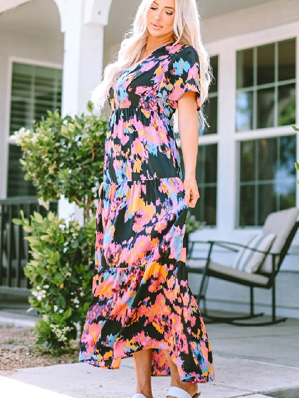 Printed V-Neck Short Sleeve Maxi Dress Fashionable High-Waist Maxi Dress