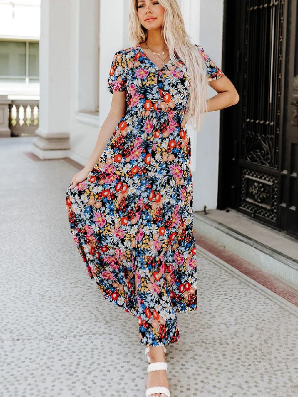 Printed V-Neck Short Sleeve Maxi Dress Comfortable Fitted Maxi Dress