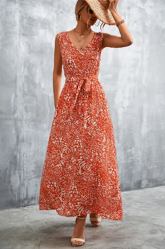 Printed V-Neck Tie Waist Maxi Dress Elegant Maxi Dress with Drapes