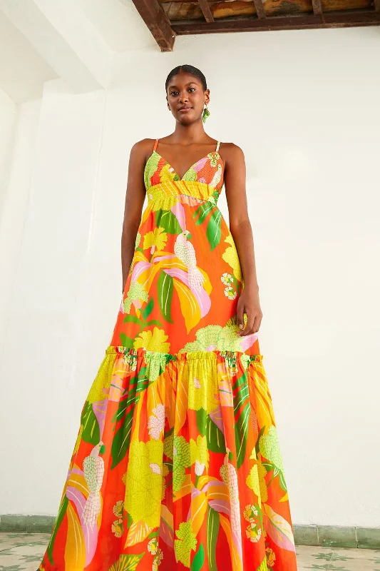 Red Neon Floral Maxi Dress Trendy Floral Print Maxi Dress