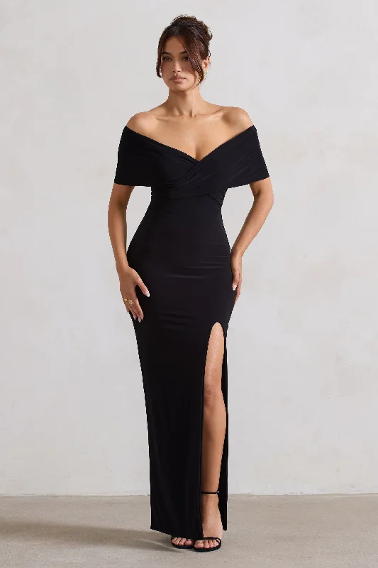 Refined | Black Twist Front Bardot Maxi Dress Fashionable Printed Maxi Dress