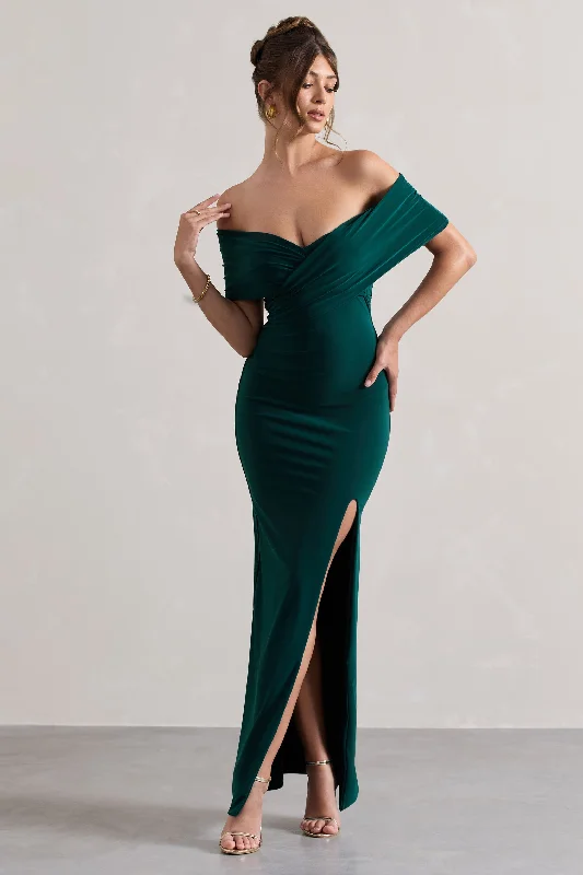 Refined | Bottle Green Twist Front Bardot Maxi Dress Comfortable Fitted Maxi Dress