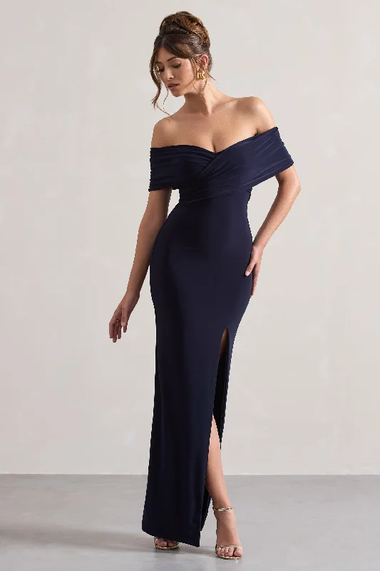 Refined | Navy Twist Front Bardot Maxi Dress Elegant Boho Maxi Dress