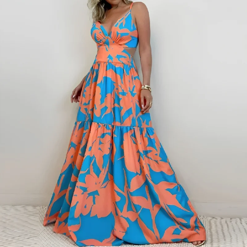 Retro Print Hollow Backless Maxi Dress Stylish A-Line Maxi Dress