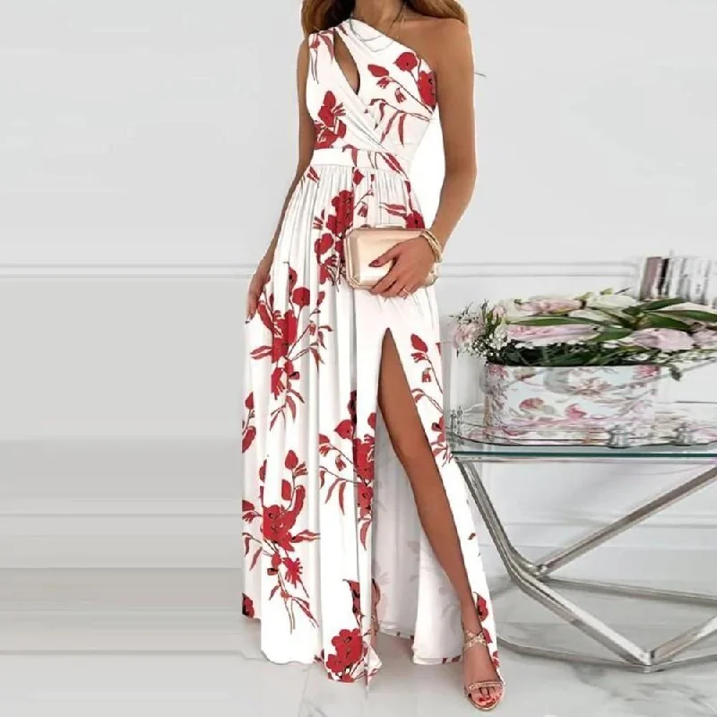 Romantic Red Flower Asymmetrical Keyhole Maxi Dress Stylish V-Neck Maxi Dress