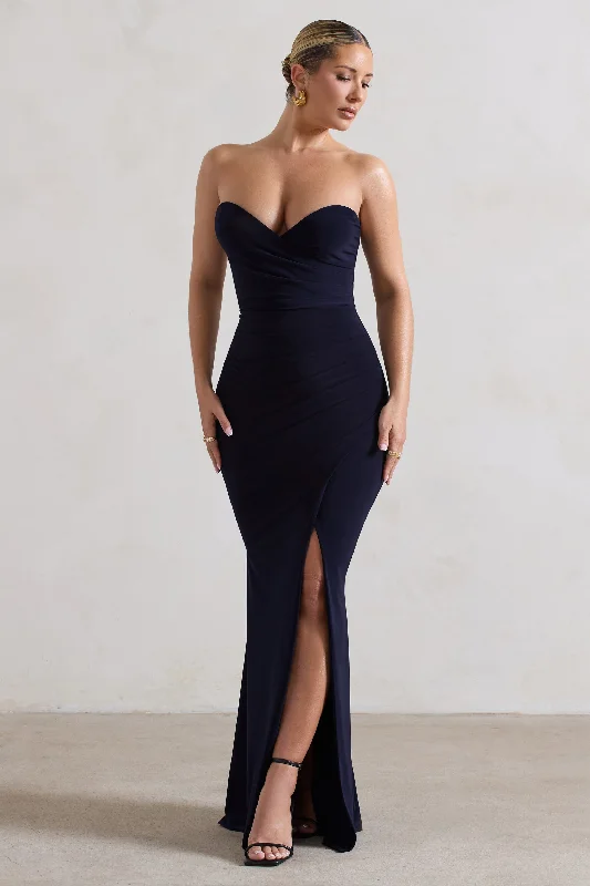 Saphira | Navy Gathered Corset Style Split Maxi Dress Classic Strapless Maxi Dress