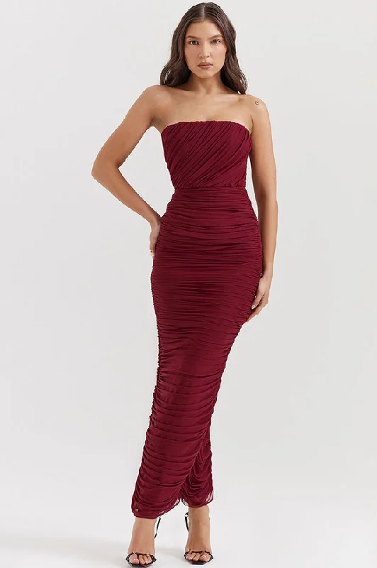 Sapphire Wine Gathered Maxi Dress Fashionable Asymmetrical Maxi Dress