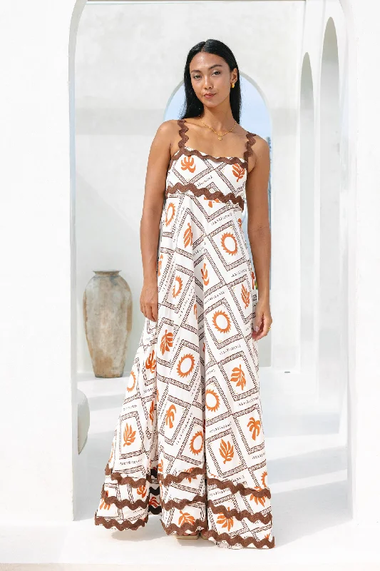 Savita Beige Rust Tropical Ric Rac Maxi Dress Chic Off-Shoulder Maxi Dress