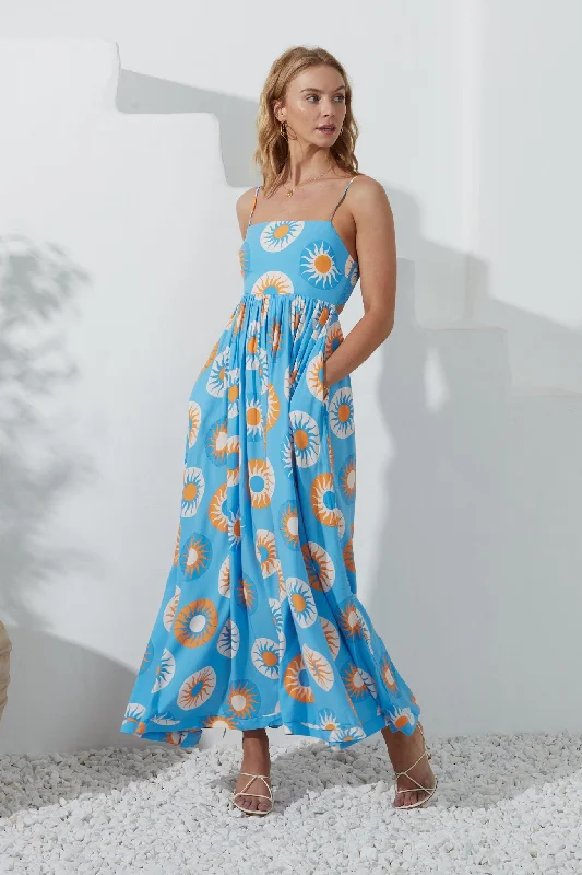 Serin Blue Abstract Sun Maxi Dress Trendy V-Neck Maxi Dress