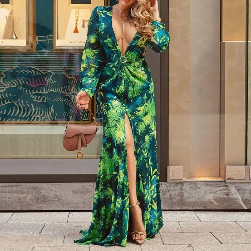 Sexy Long Sleeve Printed V neck Split Maxi Dress Stylish A-Line Maxi Dress
