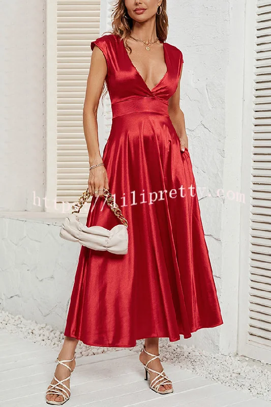 Satin Solid Color Sleeveless V-neck Pocket Maxi Dress Trendy V-Neck Maxi Dress
