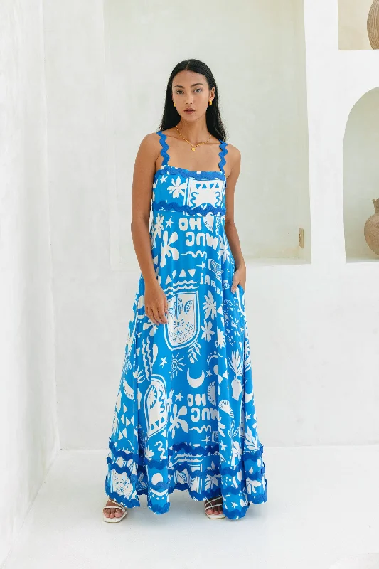 Soquila Blue Tropical Ric Rac Maxi Dress Fashionable Off-Shoulder Maxi Dress
