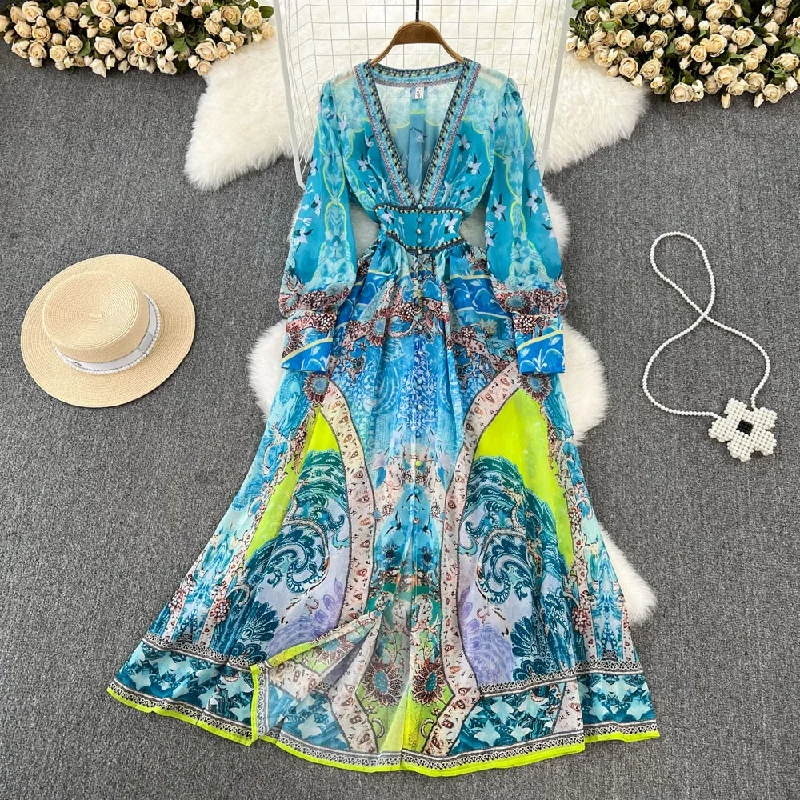 Spring Autumn Elegant Blue Maxi Dresses for Women Printed Boho Chiffon Thin Female Long Robe Beach Vacation Deep V-Neck Sexy New Stylish Long Sleeve Maxi Dress Spring Autumn Elegant Blue Maxi Dresses for Women Printed Boho Chiffon Thin Female Long Robe Beach Vacation Deep V-Neck Sexy New Stylish Long Sleeve Maxi Dress