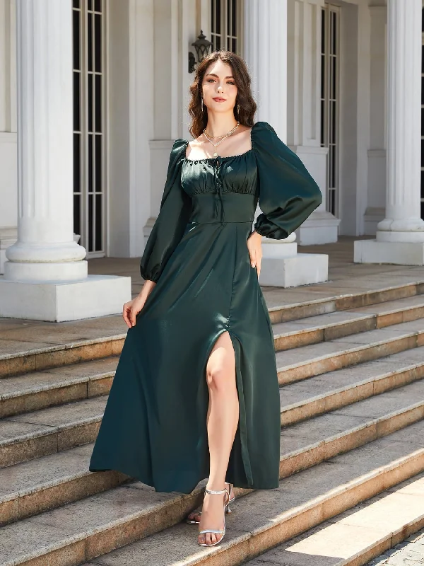 Square Neck Puff Sleeve High Slit Maxi Dress Elegant Lace Maxi Dress