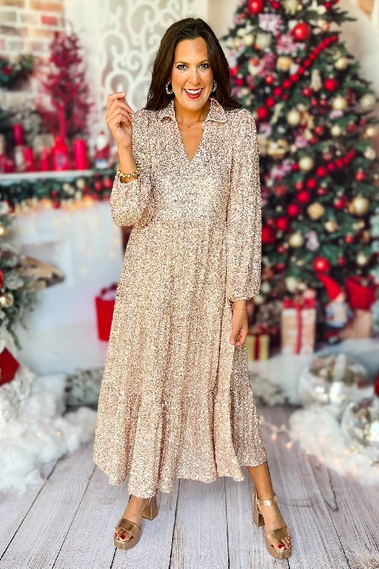 SSYS The Tinsley Long Sleeve Maxi Dress In Champagne Sequin Elegant Lace Maxi Dress