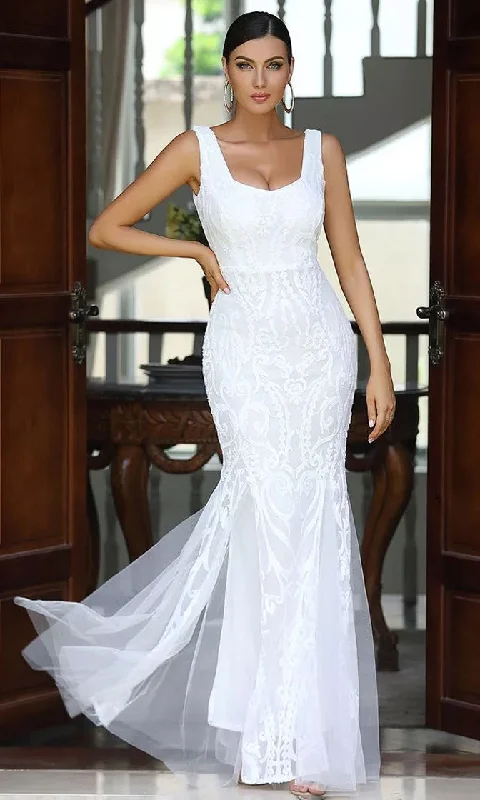 Starry Night <br><span>White Sequin Geometric Pattern Sleeveless Square Neck Fishtail Maxi Dress</span> Elegant Maxi Dress with Ruffles Starry Night <br><span>White Sequin Geometric Pattern Sleeveless Square Neck Fishtail Maxi Dress</span> Elegant Maxi Dress with Ruffles