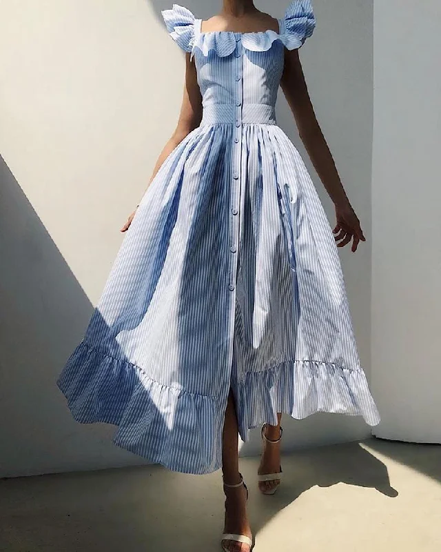 Striped Square Neck Flutter Sleeve Sweet Dress Women Ruffles Maxi Dress Fashionable Open-Back Maxi Dress Striped Square Neck Flutter Sleeve Sweet Dress Women Ruffles Maxi Dress Fashionable Open-Back Maxi Dress