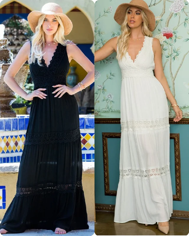SURPLUS CROCHET LACE WOVEN MAXI DRESS -WHITE OR BLACK Elegant Lace Maxi Dress