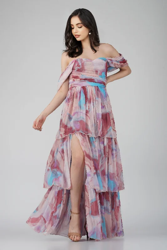Sydney Chiffon Maxi Dress in Burgundy Print Trendy Satin Maxi Dress