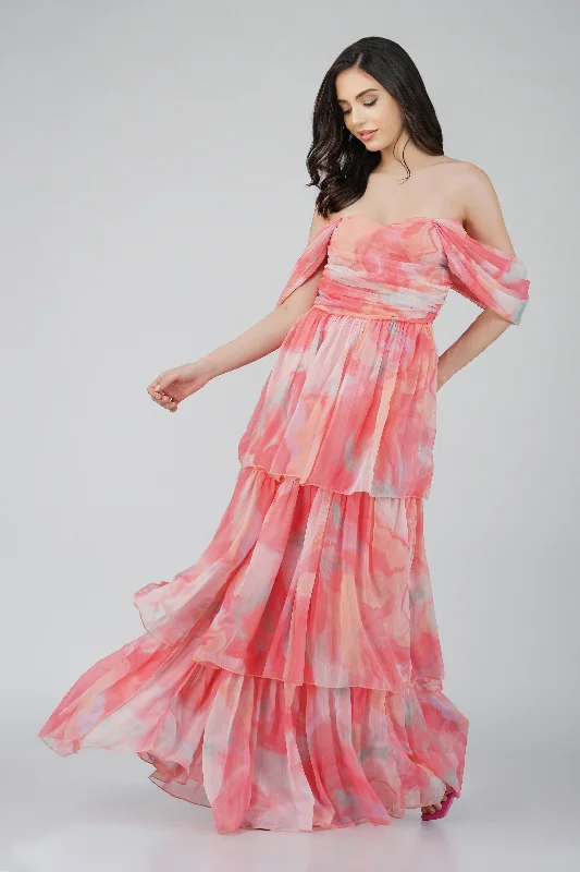 Sydney Chiffon Maxi Dress in Coral Print Fashionable Chiffon Maxi Dress