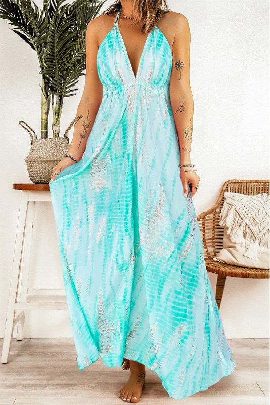 Tie-Dye Halter Neck Maxi Dress Chic Button-Up Maxi Dress