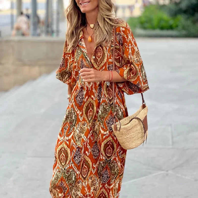 Trendy 3/4 Sleeve Print Maxi Dress Cozy Maxi Dress with Slit
