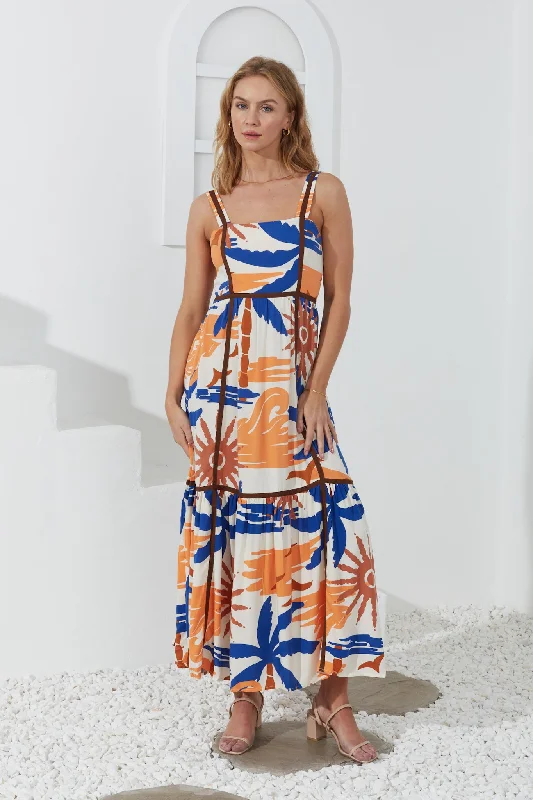 Tropicana Blue Orange Abstract Contrast Maxi Dress Comfortable Cotton Maxi Dress