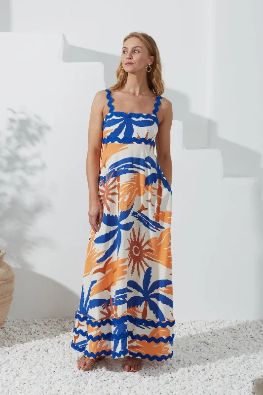Tropicana Blue Orange Abstract Ric Rac Maxi Dress Elegant Lace-Up Maxi Dress