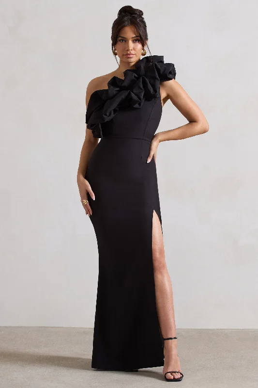 Vienne | Black One Shoulder Ruffle Split Maxi Dress Chic Button-Up Maxi Dress