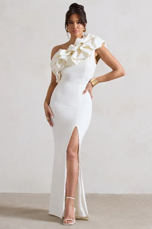 Vienne | White One Shoulder Ruffle Split Maxi Dress Cozy Open-Back Maxi Dress