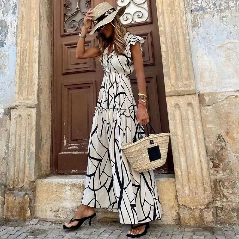 Vintage Short Sleeve Print Maxi Dress Trendy Button Front Maxi Dress