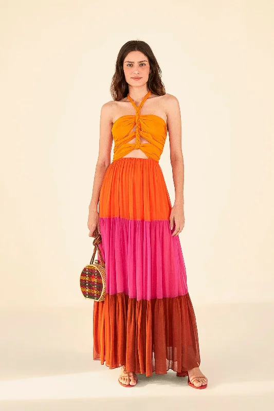 Warm Color Blocking Maxi Dress Cozy Ruffle Sleeve Maxi Dress
