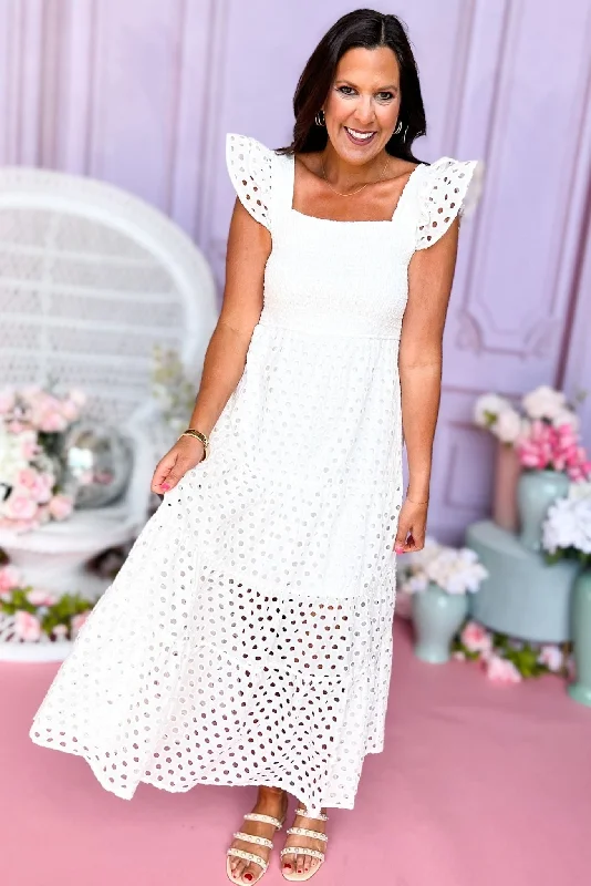 White Square Neck Smocked Bodice Cap Sleeve Eyelet Maxi Dress Trendy Maxi Dress with Bow White Square Neck Smocked Bodice Cap Sleeve Eyelet Maxi Dress Trendy Maxi Dress with Bow