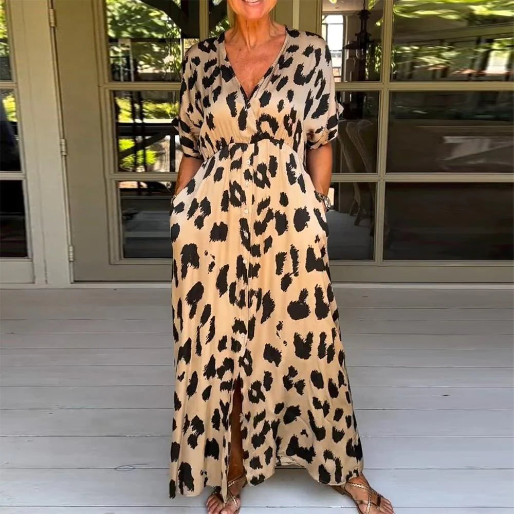 Wild Leopard V-Neck Maxi Dress Cozy Spaghetti Strap Maxi Dress