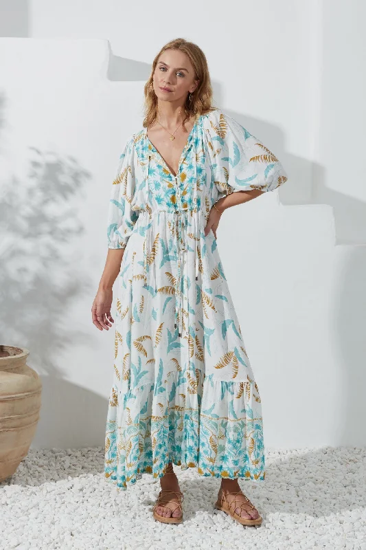 Wisteria Blue Tropical Button Down Maxi Dress Cozy Cold-Shoulder Maxi Dress