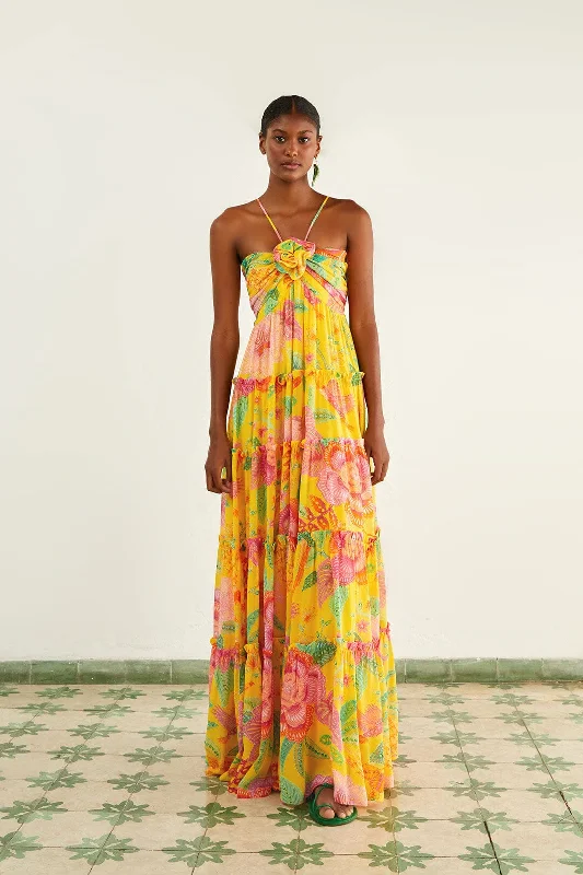 Yellow Macaw Bloom Maxi Dress Elegant Lace-Up Maxi Dress