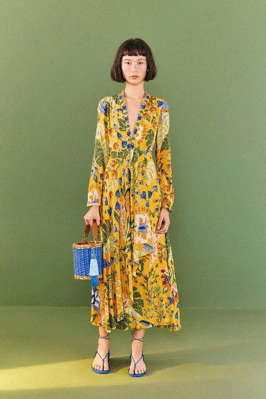 Yellow Summer Garden Maxi Dress Comfortable Pleated Maxi Dress