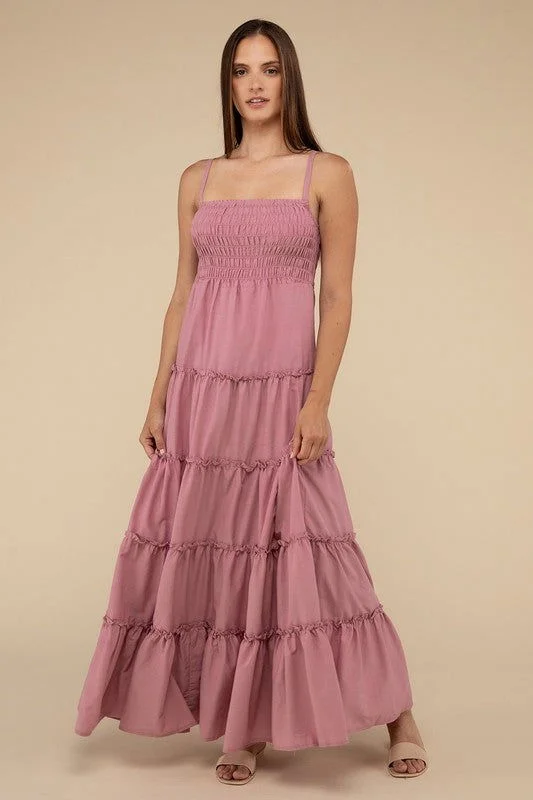 ZENANA Woven Smocked Top Tiered Cami Maxi Dress Comfortable Fitted Maxi Dress