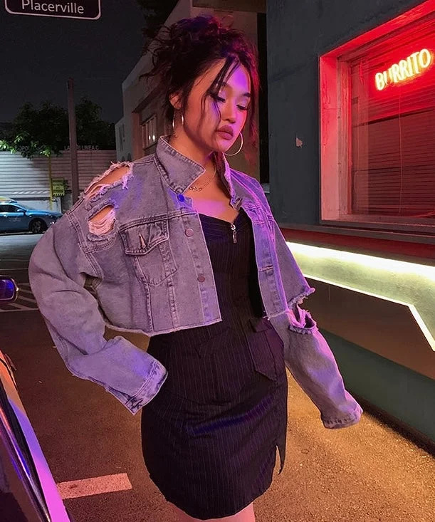 Candy Blue Ripped Long Sleeve Denim Jean Jacket Insulated Jacket Fitted Jacket Loose Jacket Candy Blue Ripped Long Sleeve Denim Jean Jacket Insulated Jacket Fitted Jacket Loose Jacket