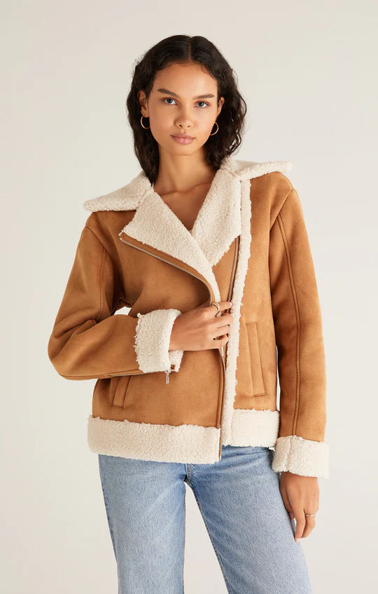 Celeste Faux Suede Jacket Boat Neck Shawl Collar Notched Collar