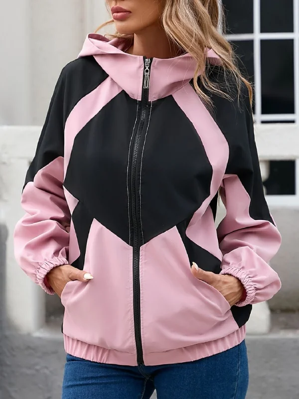 Contrast Zip Up Long Sleeve Hooded Jacket Jersey Jacket Tulle Jacket Batik Jacket